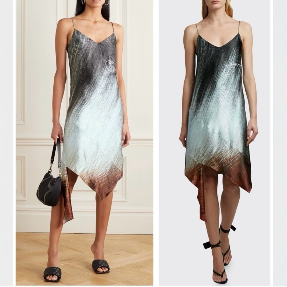 OFF-WHITE Bouroullec Asymmetric-Hem Abstract Print Satin Slip Mini Dress New